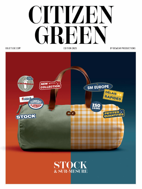 Catalogue Citizen Green Stock Sur Mesure. Presentation bicolore, sac de voyage centré.