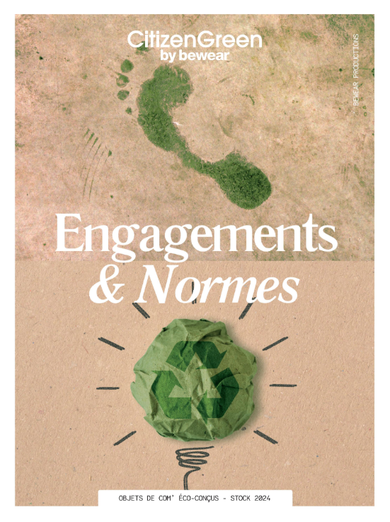 Catalogue CitizenGreen Engagement et Norme. Logo Recyclable, trace de pas en vert sur fond sablé