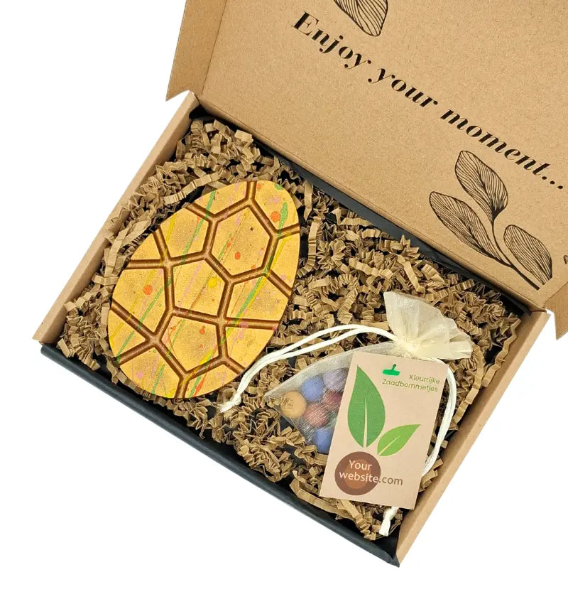 coffret personnalisable œuf chocolat Pâques et sachet de boules de graines de fleurs colorées, parfait cadeau entreprise personnalisable, coffret cadeau client ou cadeau collaborateur