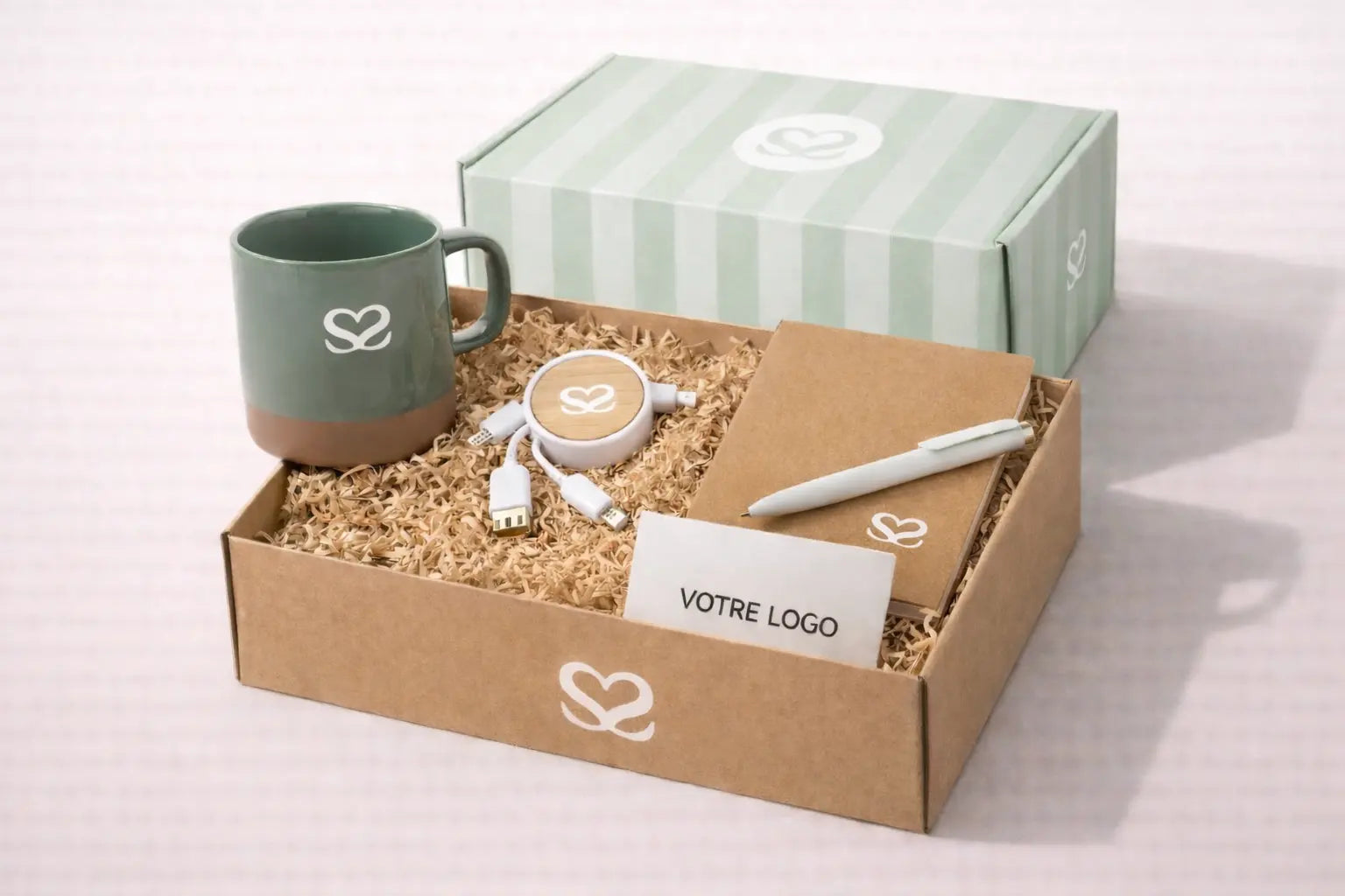 Coffret Home & Bureau : Coffret goodies bureau entreprise avec mug personnalisé, carnet, câble de chargement et stylo – objets publicitaires personnalisés pour cadeaux collaborateurs, welcome pack entreprise ou cadeaux clients