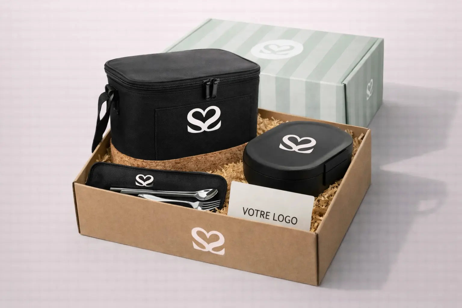Coffret Respire & Inspire : Coffret déjeuner entreprise avec sac isotherme, lunch box et couverts réutilisables personnalisés – goodies entreprise écologiques et objets publicitaires responsables pour cadeaux collaborateurs ou welcome pack entreprise
