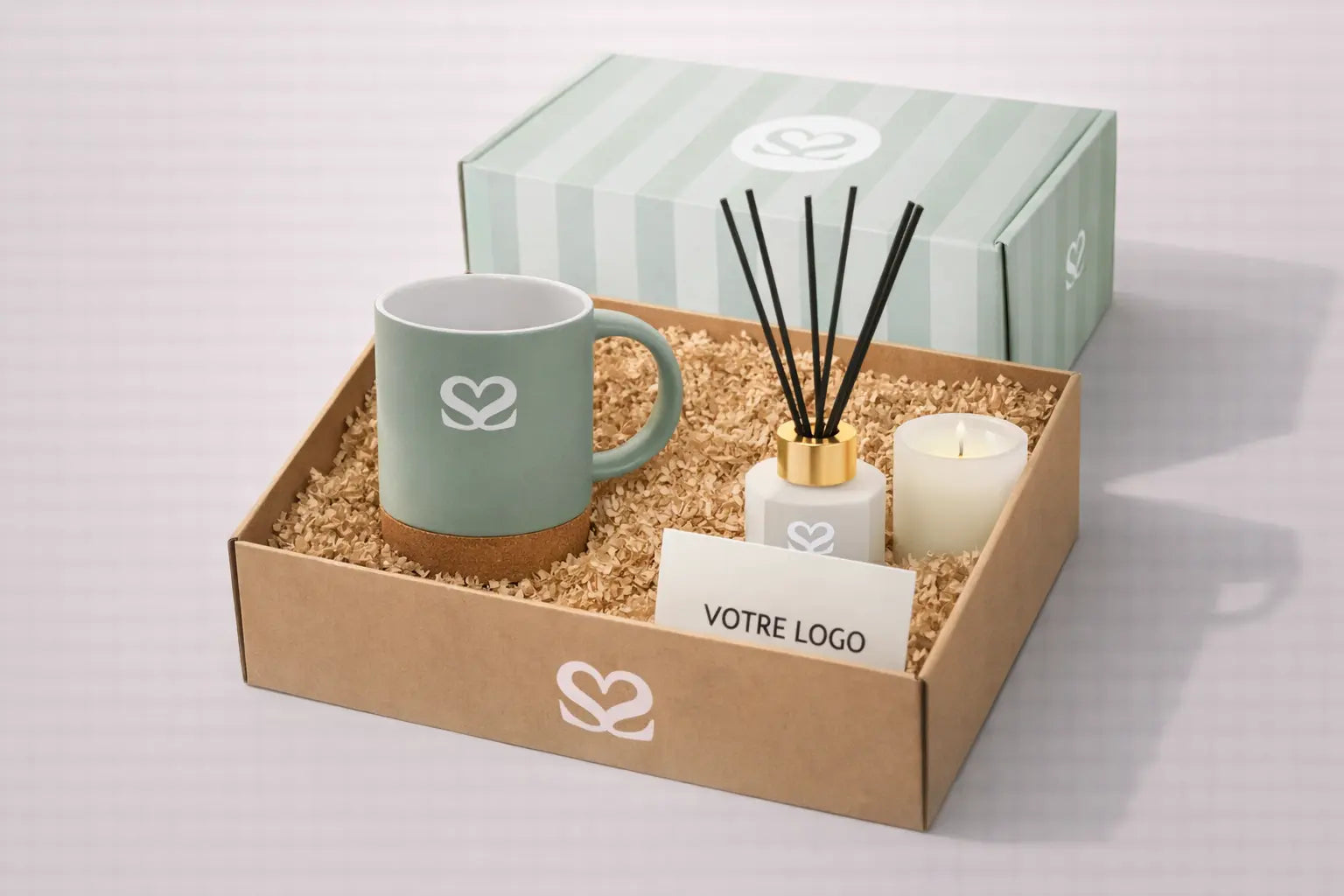Coffret Sérénité & Bien-être : Coffret bien-être entreprise avec mug personnalisé, diffuseur de parfum et bougie – goodies entreprise personnalisés responsables et cadeaux d’entreprise pour collaborateurs, clients ou welcome pack entreprise