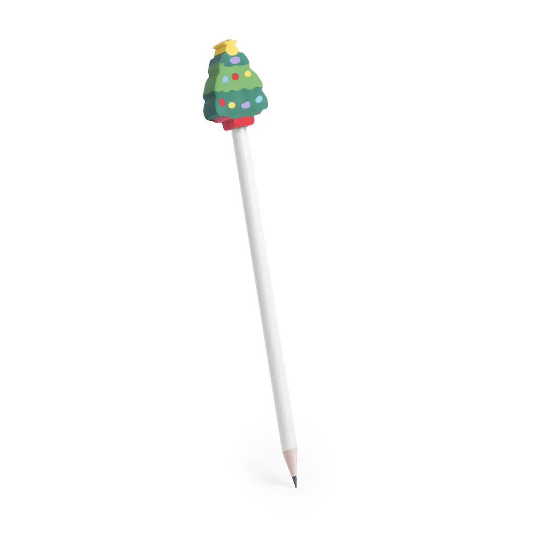 Détail du motif sapin de Noël sur le crayon Miffet, objet publicitaire et cadeau collaborateur pour les fêtes