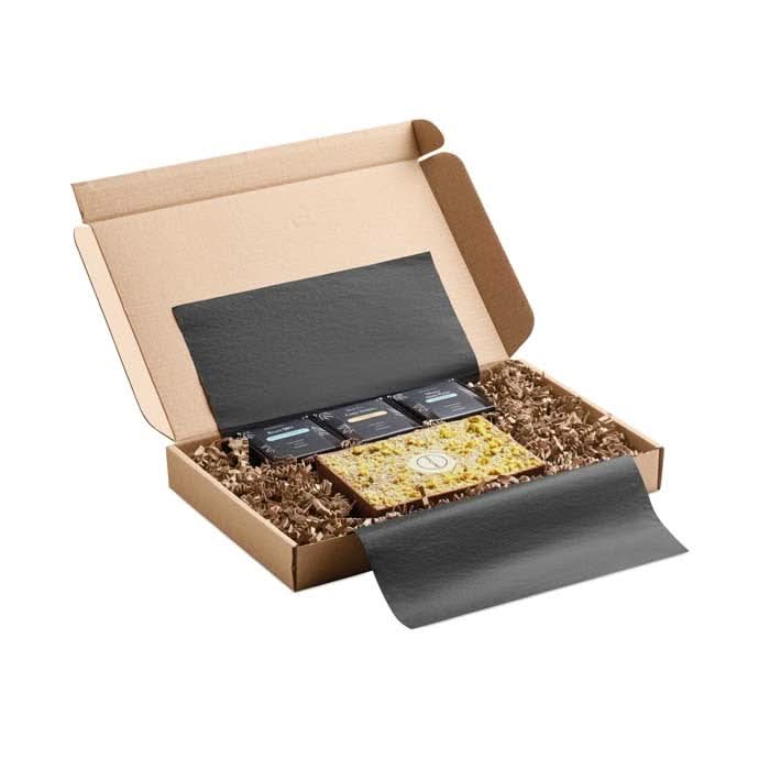 Boîte cadeau avec 3 thés zen et du chocolat style Dubaï