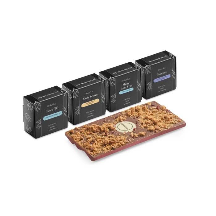 Coffret cadeau de 4 thés Zen & une barre de chocolat belge